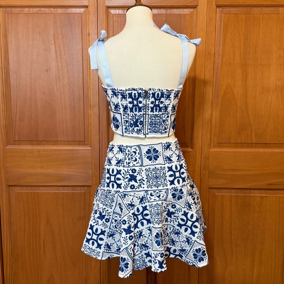 Anthropologie Maeve Blue and White Embroidered Tile Print Skirt & Crop Top Set - Picture 5 of 16